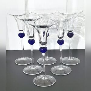 (8) Uniquely Shaped Cobalt Ball 🔵 & Clear Blown Champagne 🍾 Glasses 🥂